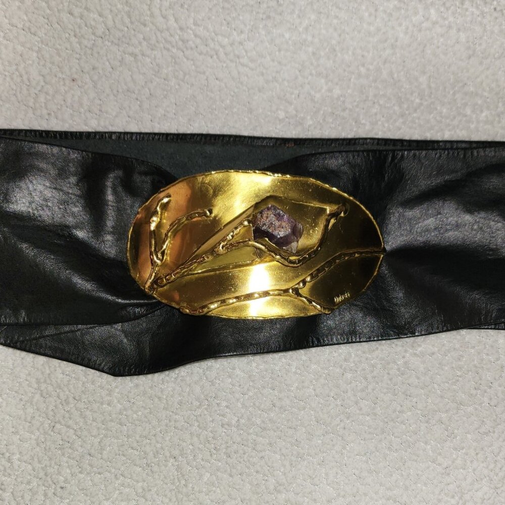 Vint/Mint (1sz) Dutra's Soft Leather Belt +Brass Buckle w/Amethyst Quartz $200+